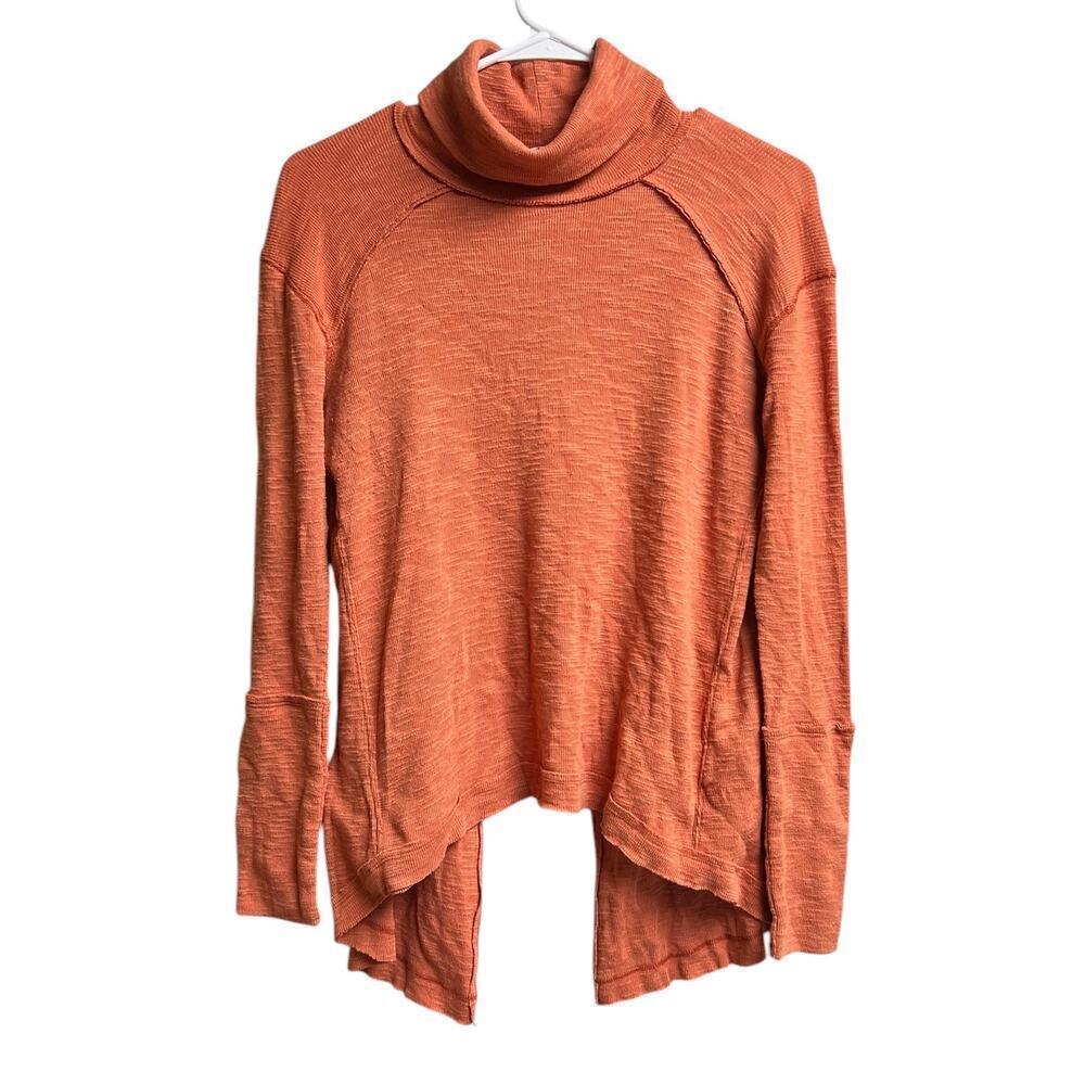 We The Free Size XS Long Sleeve Split Back Turtleneck Raw Seams Rust Orange